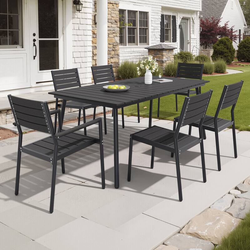 7-Piece Outdoor Patio Dining Set Wood-Like Table Top Alumium Umbrella Hole Table with Stackable Chairs - Black
