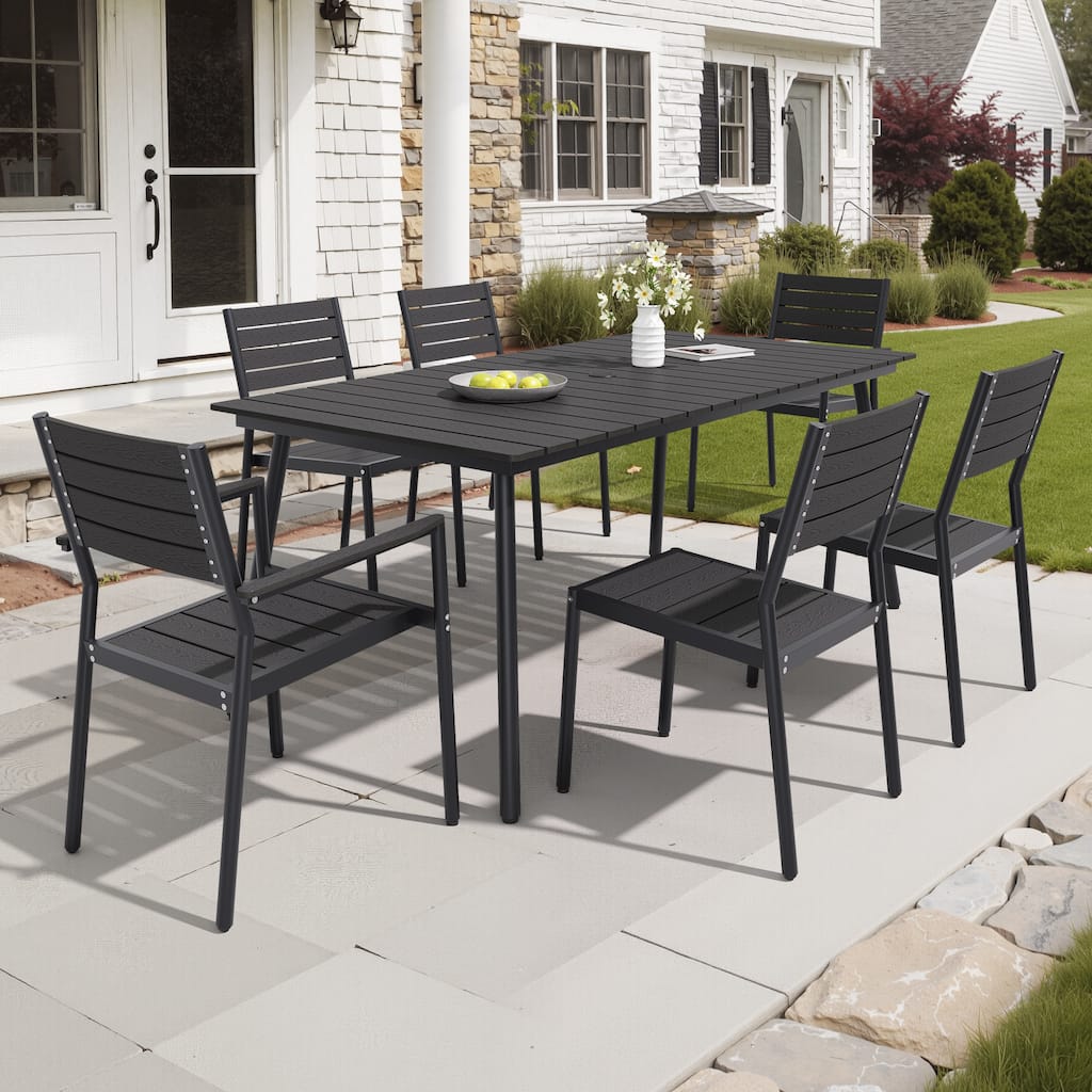 VredHom 7/9-Piece Outdoor Patio Aluminum Dining Table with Stackable Chairs Umbrella Hole