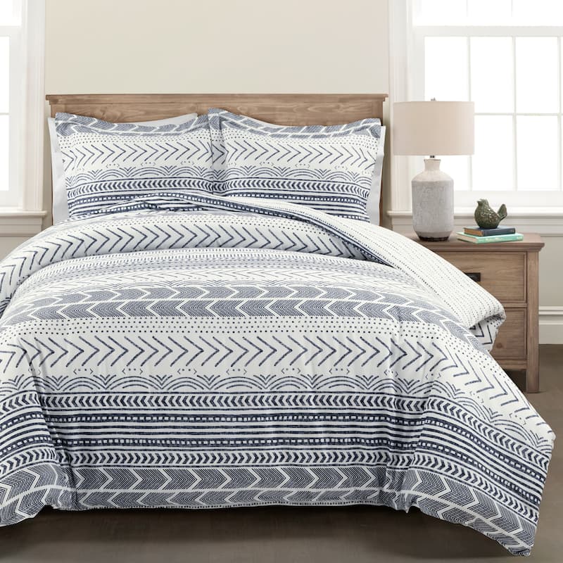 Lush Decor Hygge Geo Reversible 3 Piece Cotton Duvet Set - White/Blue - King