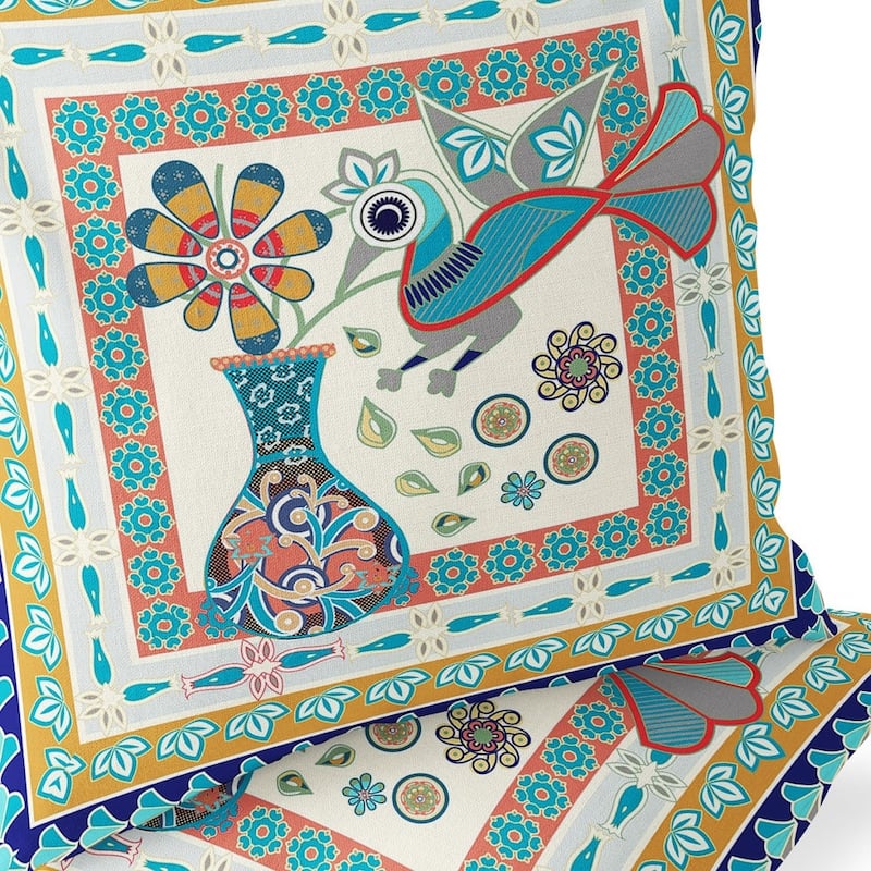 HomeRoots Set of Two 16" X 16" Blue and Gold Peacock Blown Seam Floral Indoor Outdoor Throw Pillow - 16.00' X '16.00' X '5.00