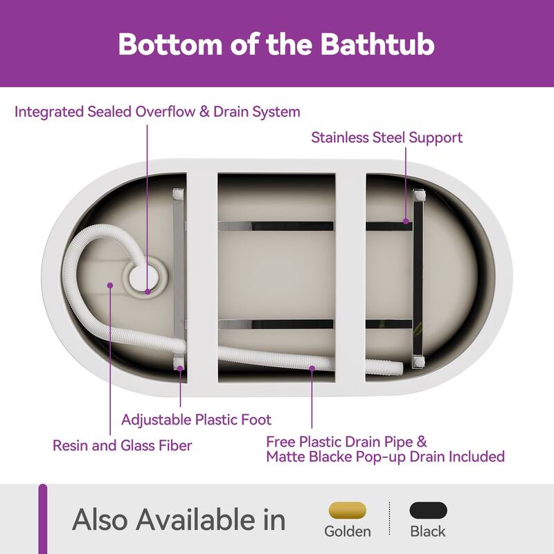 HOROW 47 x 26.8 Inch Soaking Bathtub with Side Drain White with Matte Black Trim