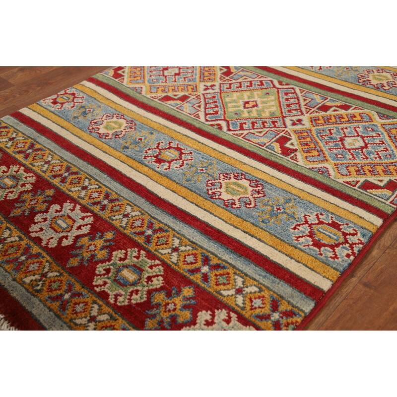 Multi-Color Geometric Kazak Foyer Rug Hand-Knotted Wool Carpet - 2'6"x 4'0"