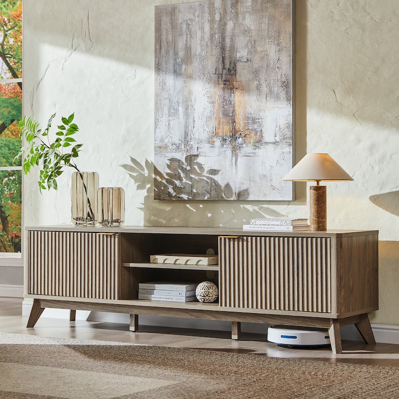 70" Modern Fluted TV Stand for Living Room, Wood Entertainment Center - AlderGrey