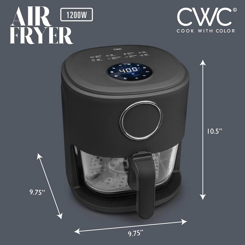 COOK WITH COLOR 1200W Air Fryer: Glass Basket, Dishwasher Safe, 60min Timer, 6 Presets, Temp Control 175F-400F, 4 - 5.5 QT