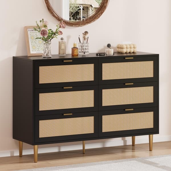 Natural Rattan 6 Drawer Dresser for Bedroom, Chest of Drawers with Gold Legs  and Gold Handles, Wide Double Dresser - Bed Bath & Beyond - 43001466
