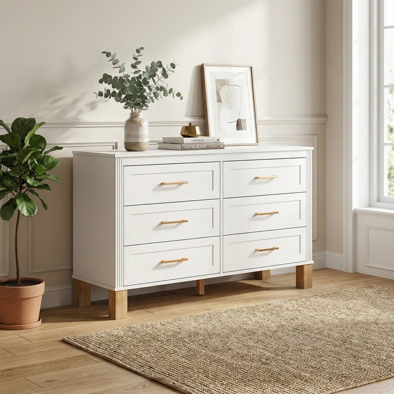 6 Drawer Double Dresser Modern Mid Century Style Storage Cabinet with Metal Handles and Solid Wood Legs for Bedroom Gray