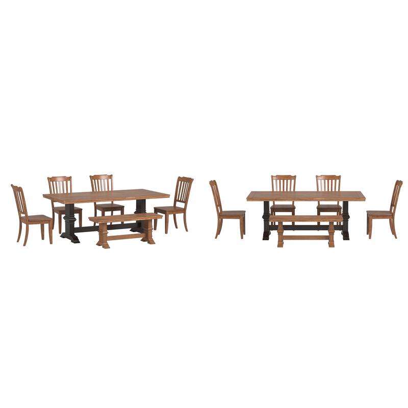 Ronda 78" Rectangular Solid Wood Top Dining Set with Spindle Back Chairs - Antique Black Table - Oak Chairs and Bench