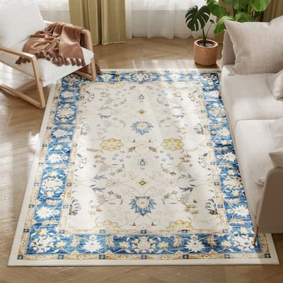 HOMCOM Area Rug 4x6, Machine Washable Rug, Non-Slip Boho Floral Print Floor Cover Foldable Carpet for Living Room - 3'6"