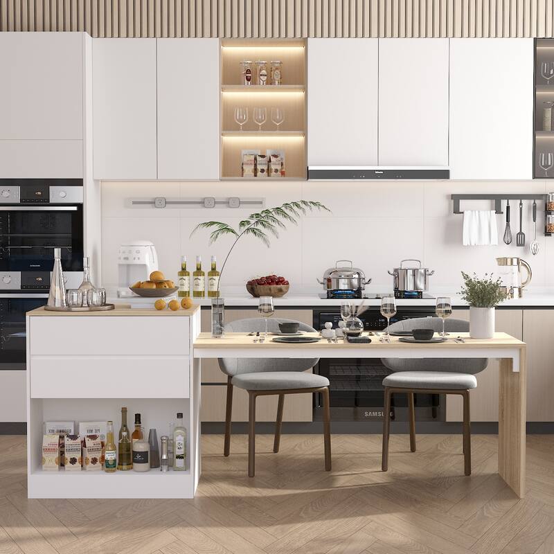 Dining Island - 2 Drawers, Shelves, and Large Countertop Bar Table