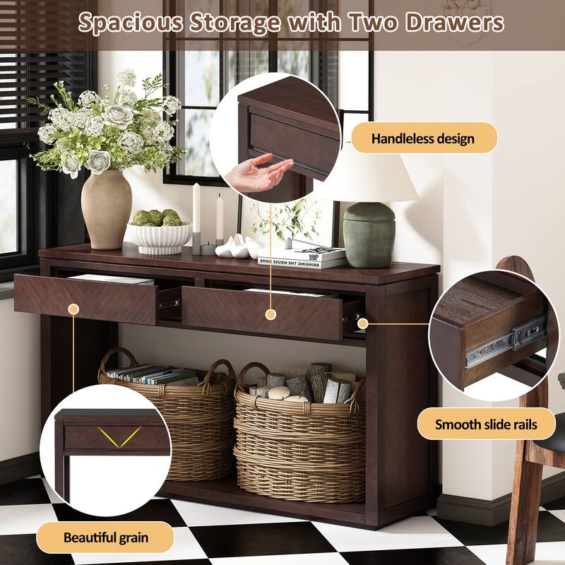 55" Rustic Wooden Entryway Console Table with Storage Drawers & Open Shelf