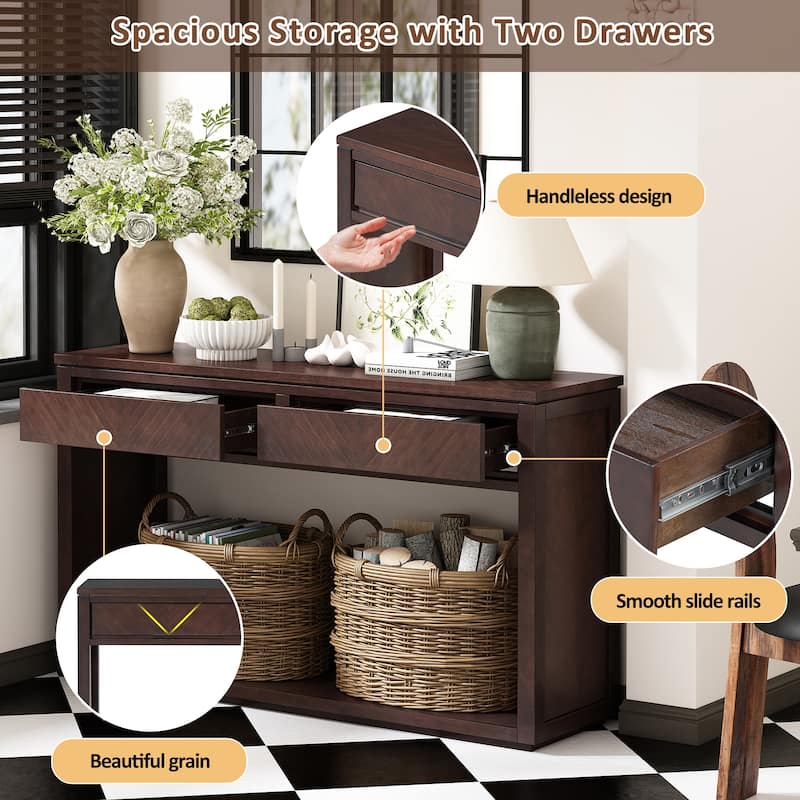 Natural Rustic Wooden Console Table with Storage Drawers