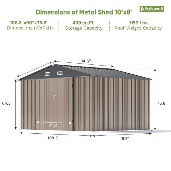 dimension image slide 10 of 12, Patiowell 10' x 8'/10' x 10'Metal Outdoor Storage Shed with Goods Shelves/Floor Frame Garden Tool Shed for Backyard Garden