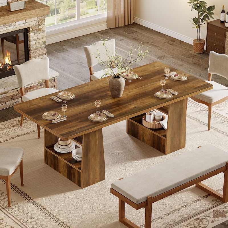 63” Dining Table for 6-8, with Storage Shelf for Living Room, Brown - N/A