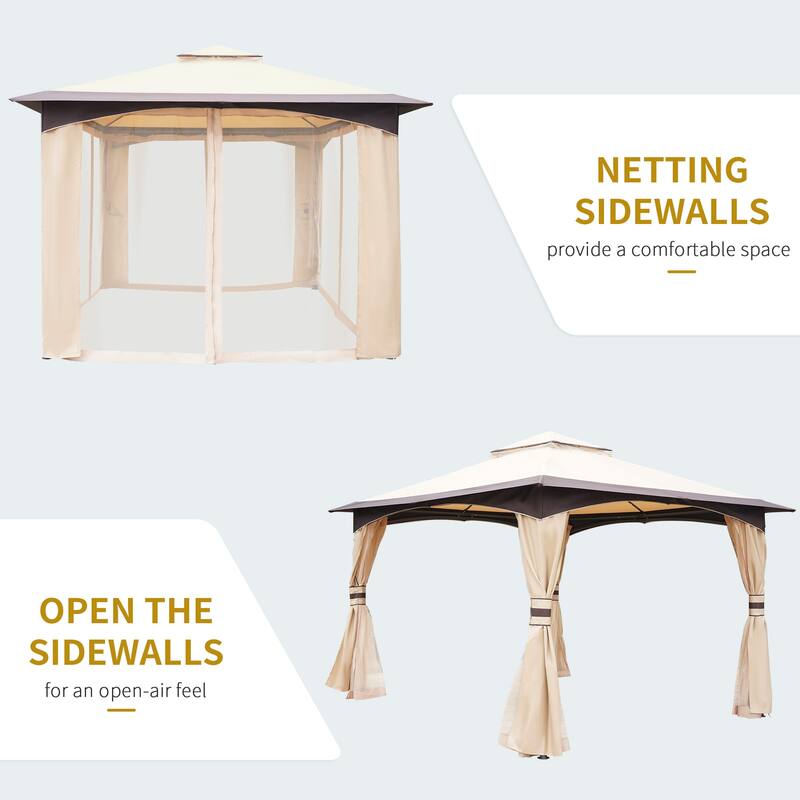 10x12 Foot Outdoor Gazebo with Netting, Curtains, and 2-Tier Soft Top Roof for Garden, Backyard, and Deck