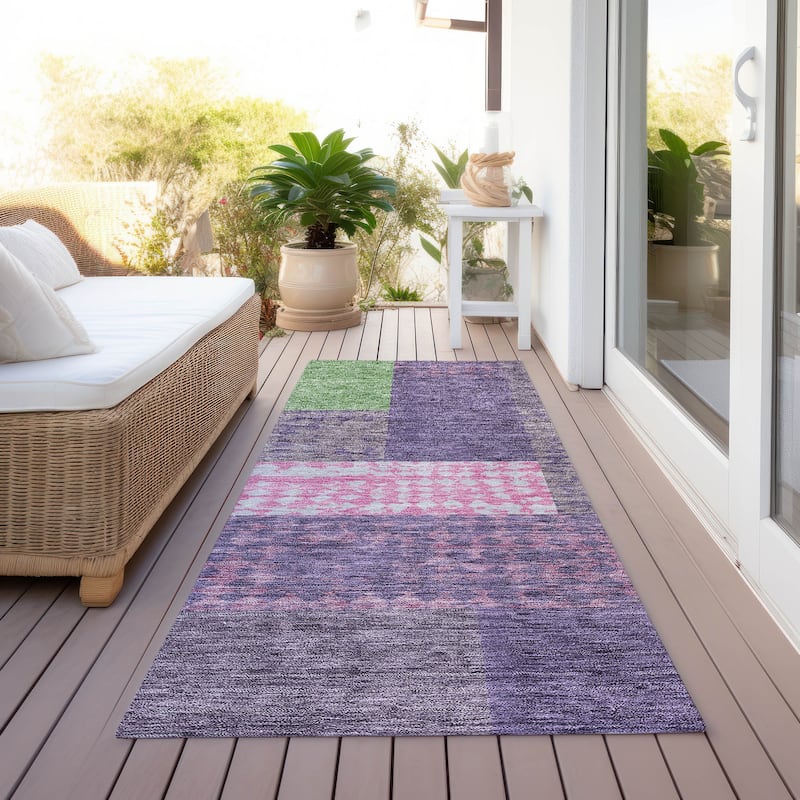 Machine Washable Indoor/ Outdoor Modern Blocks Chantille Rug - Purple - 2'3" x 7'6"