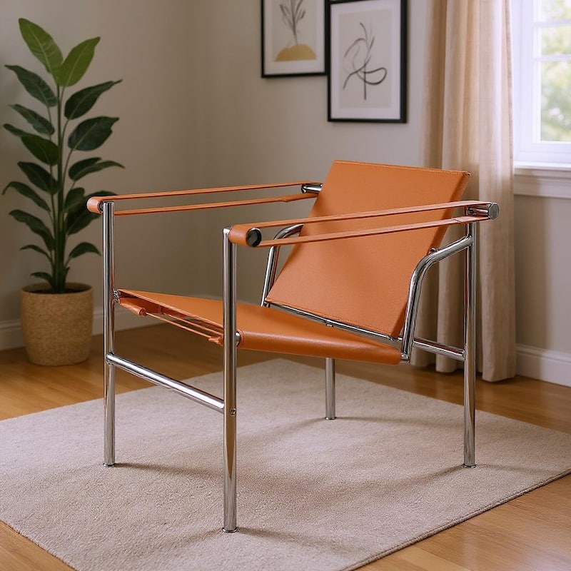 HomeRoots 24" Terra Cotta and Silver Faux Leather and Stainless Adjustable Back Arm Chair - 23.62 in. x 24.80 in. x 24.41 in. - 23.62 in. x 24.80 in.  x 24.41 in.