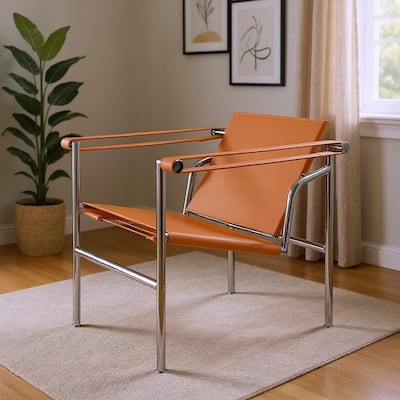 HomeRoots 24" Terra Cotta and Silver Faux Leather and Stainless Adjustable Back Arm Chair - 23.62 in. x 24.80 in. x 24.41 in.