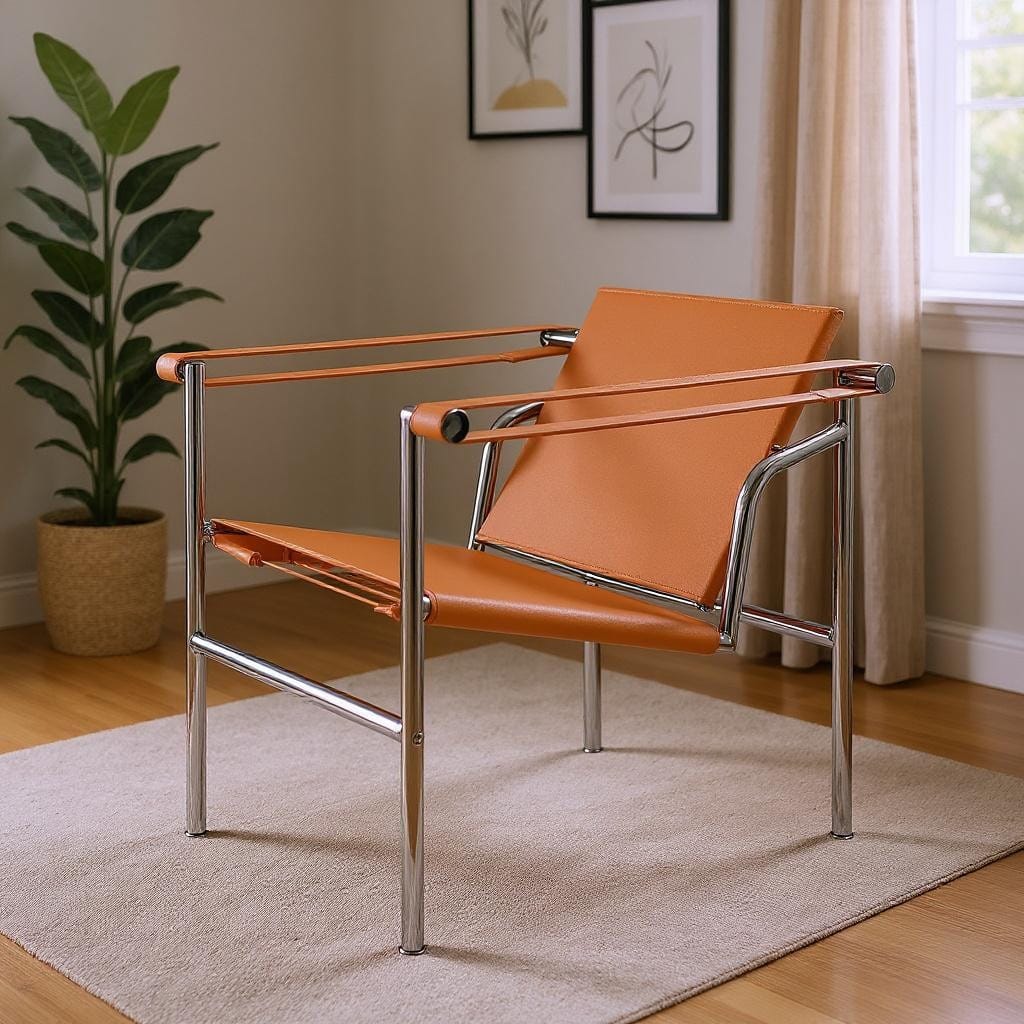 HomeRoots 24" Terra Cotta and Silver Faux Leather and Stainless Adjustable Back Arm Chair - 23.62 in. x 24.80 in. x 24.41 in.