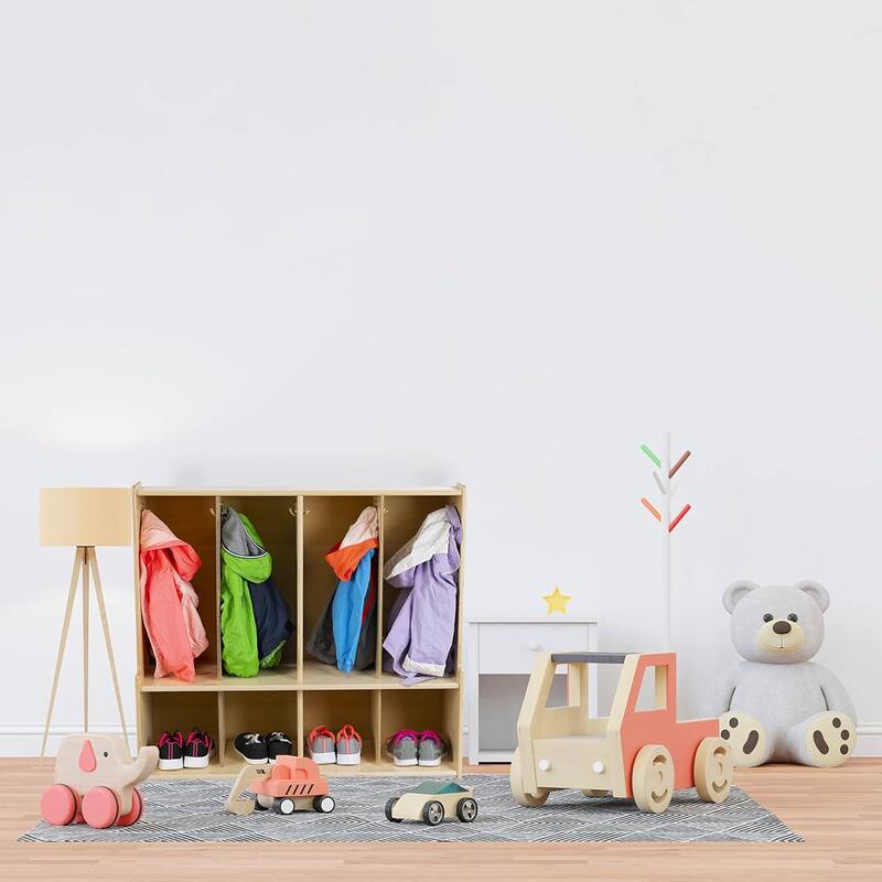 RRI Goods 4-Section Coat Locker with Bench & Cubby Storage, Wooden Backpack Cubical Storage Organizer with Hooks