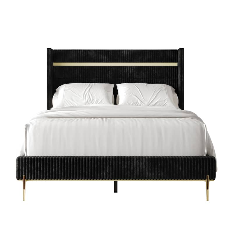 CraftPorch Corduroy 4-pieces Glam Black Bed with Black Furniture Bedroom Set - Black - Queen