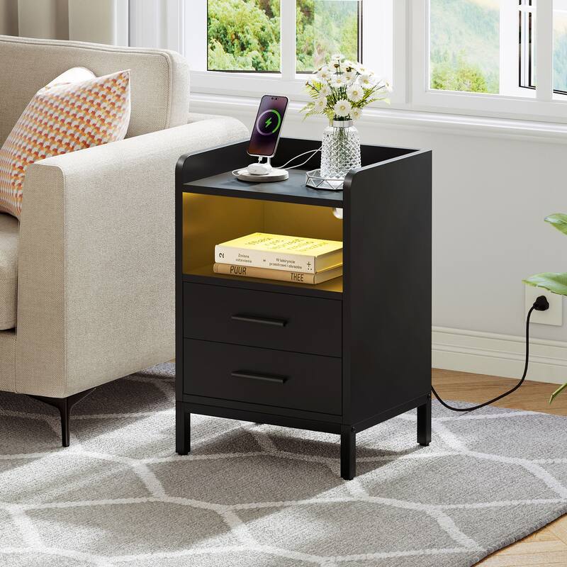 2-Drawer Nightstand Beside End Table with USB Port and LED Lights