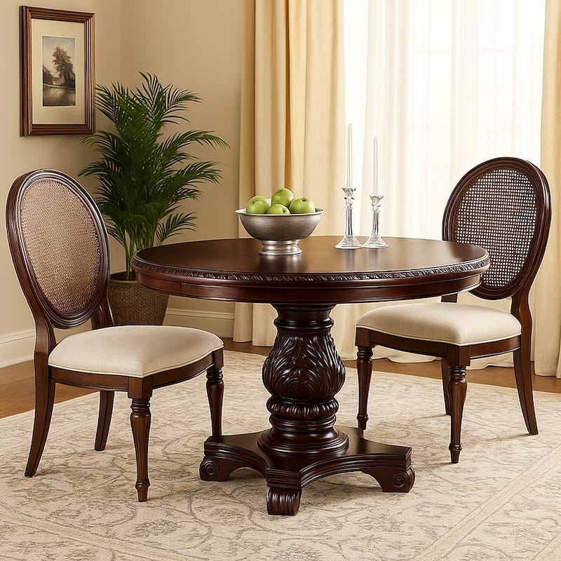 Traditional Style Dark Cherry Brown Round Dining Table