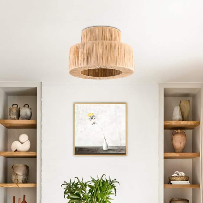 Maxax 1 - Light Raffia Dimmable Metal Drum Flush Mount - 12.6"*12.6"*8.5" - Wood