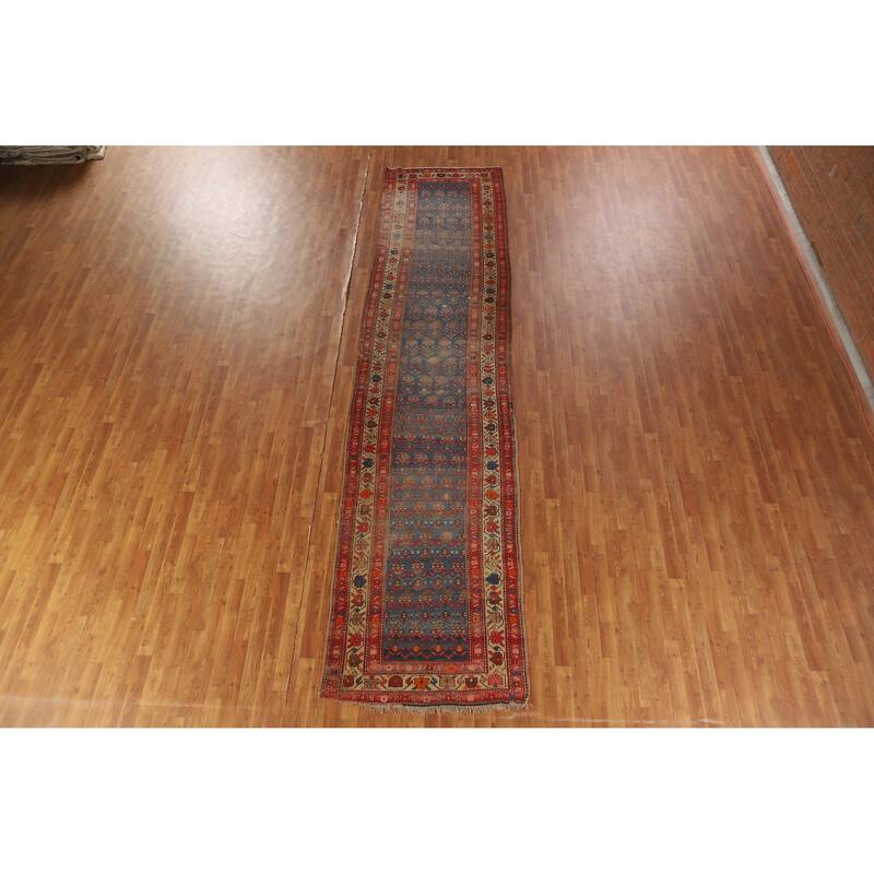 Hand Knotted Oriental 100% Wool Carpet Traditional Geometric Navy Blue & Blues Heriz Runner Rug - 15' 0'' X 3' 6''