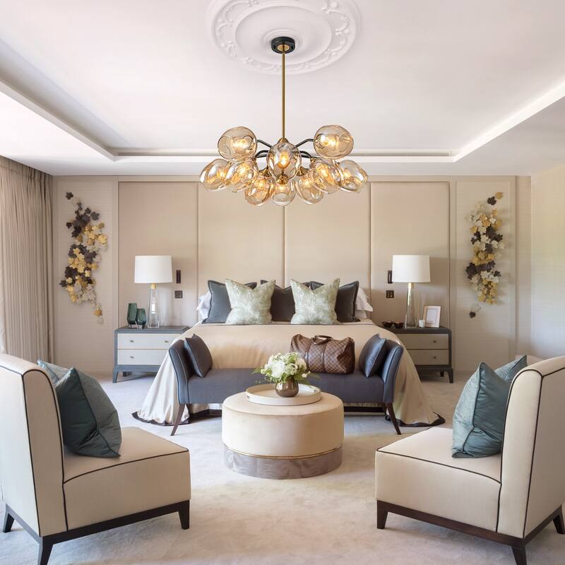 Modern Glam 10-Light Cluster Amber Glass Chandelier - Brass