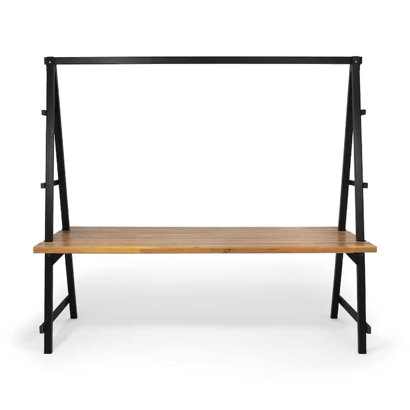 Jo Outdoor Pergola Table, Black Metal Frame, Slatted Teak Brown Wood