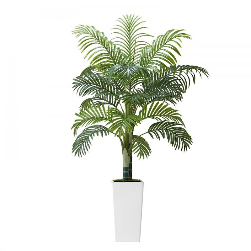 Thick-Trunk Areca Palm Artificial Tree with Green Leaves in White Planter for Home or Office Decor