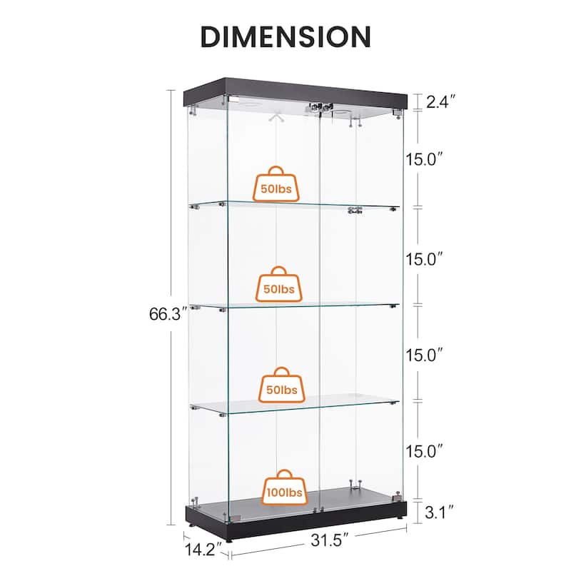 4-Tier Glass Display Cabinet, Double Door Glass Cabinet, Four Partitions, Two Locks, Floor Standing Storage Cabinet