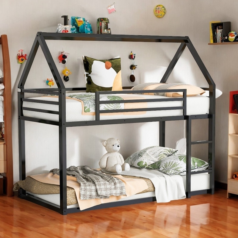 Twin over Twin House Shape Bunk Bed with Protective Fence, Metal Kids Bed Frame with Built-in Ladder, Black