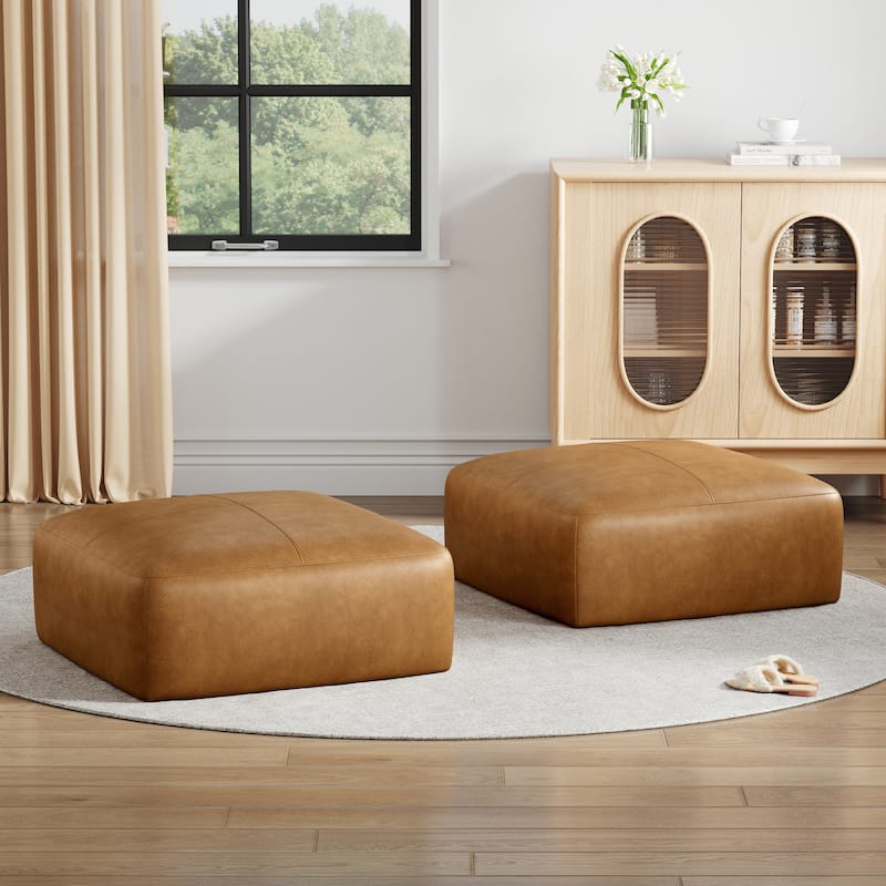 UIXE Genuine Leather Ottoman, Upholstered Ottoman for Living Room - Square-Oversized - Brown-Set of 2
