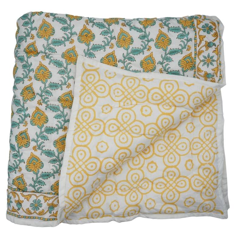 Fabdivine Hand Block Print Cotton Quilt, Soft & Luxurious Yellow Green Floral Madhubala Bedding, Reversible Lightweight Handmade