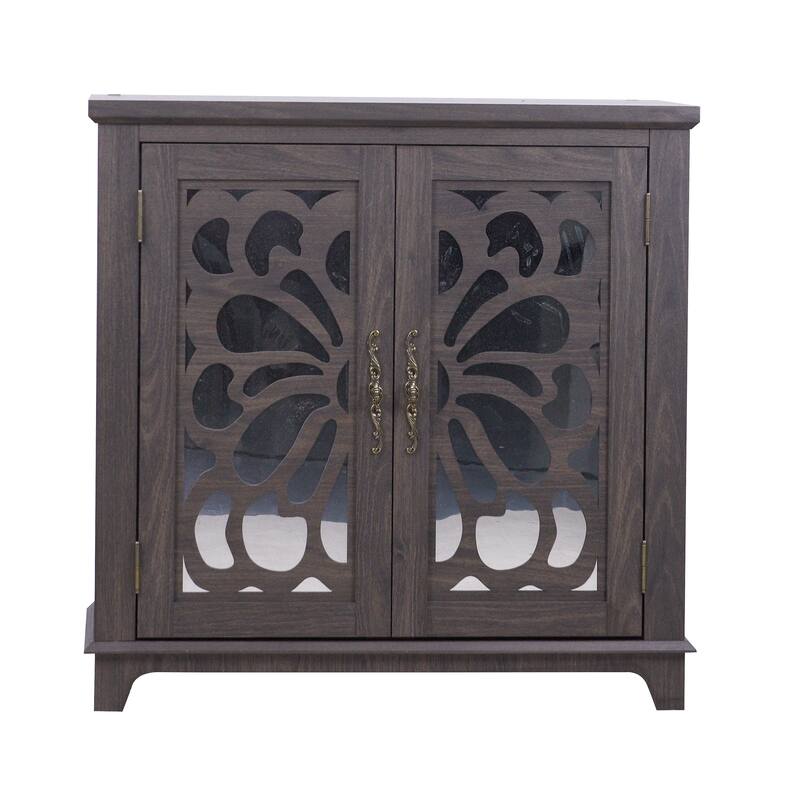 Elegant sideboard with 2 acrylic mirrored doors Sideboard and Buffet with Storage, Hollow-Carved Accent Cabinet