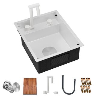 TORVA RV Kitchen Sink, 15 x 18 x 7 Inch Undermount Bar Sink Single Bowl Sink with Foldable Faucet Cutting Board, White