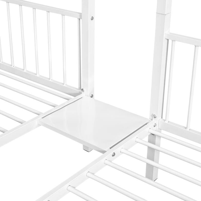 Full Over Twin & Twin Triple Bunk Bed with Drawers and Middle Table, Convertible Metal Bunk Bed Frame with Ladder and Guardrails