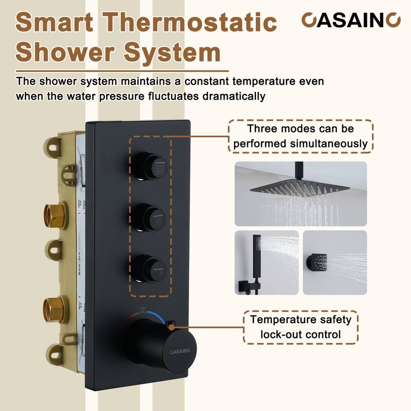 Luxury Thermostatic Shower System 1-Spray Patterns Ceiling Mount Fixed Shower Head and Handheld Spray with 6 Body Jets