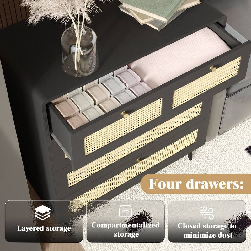 Modern Rattan Dressing Table Storage Cabinet with 4 Drawers, Waterproof, for Bedrooms and Living Rooms