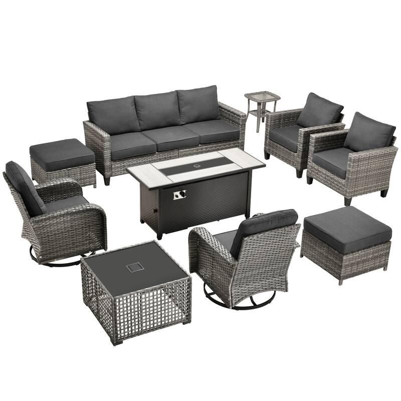 HOOOWOOO 10-piece Patio Furniture Set with Swivel Rocking Chairs Wicker Conversation Set