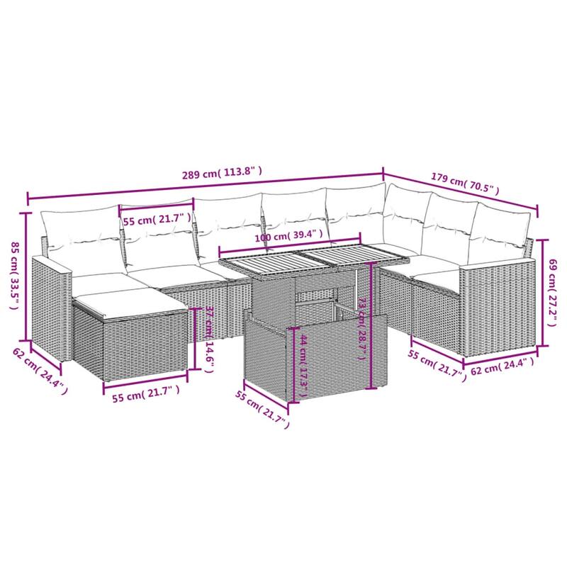 vidaXL Patio Sofa Set with Cushions Outdoor Furniture 9 Piece Poly Rattan - 24.4 x 24.4 x 27.2