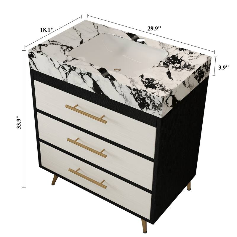 GDFStudio - Athens Modern 29.9" Freestanding Bathroom Vanity with Sintered Stone Top, Ceramic Vessel Sink & Stainless Steel Legs