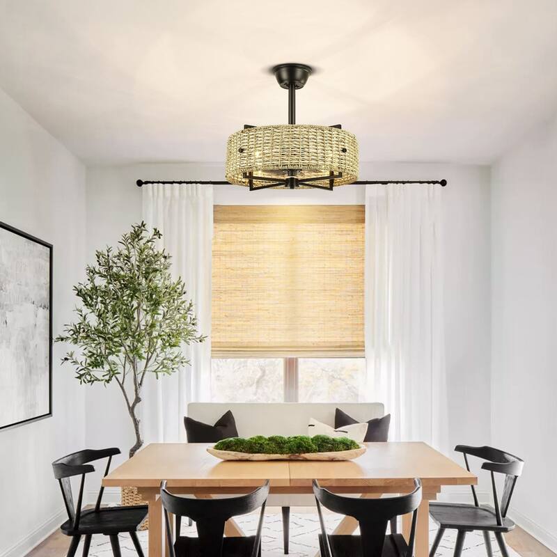 4-Light Traditional Boho Cylinder Drum Woven Rattan and Bamboo Ceiling Fan - 19.3 in. W x 8.3 in. H