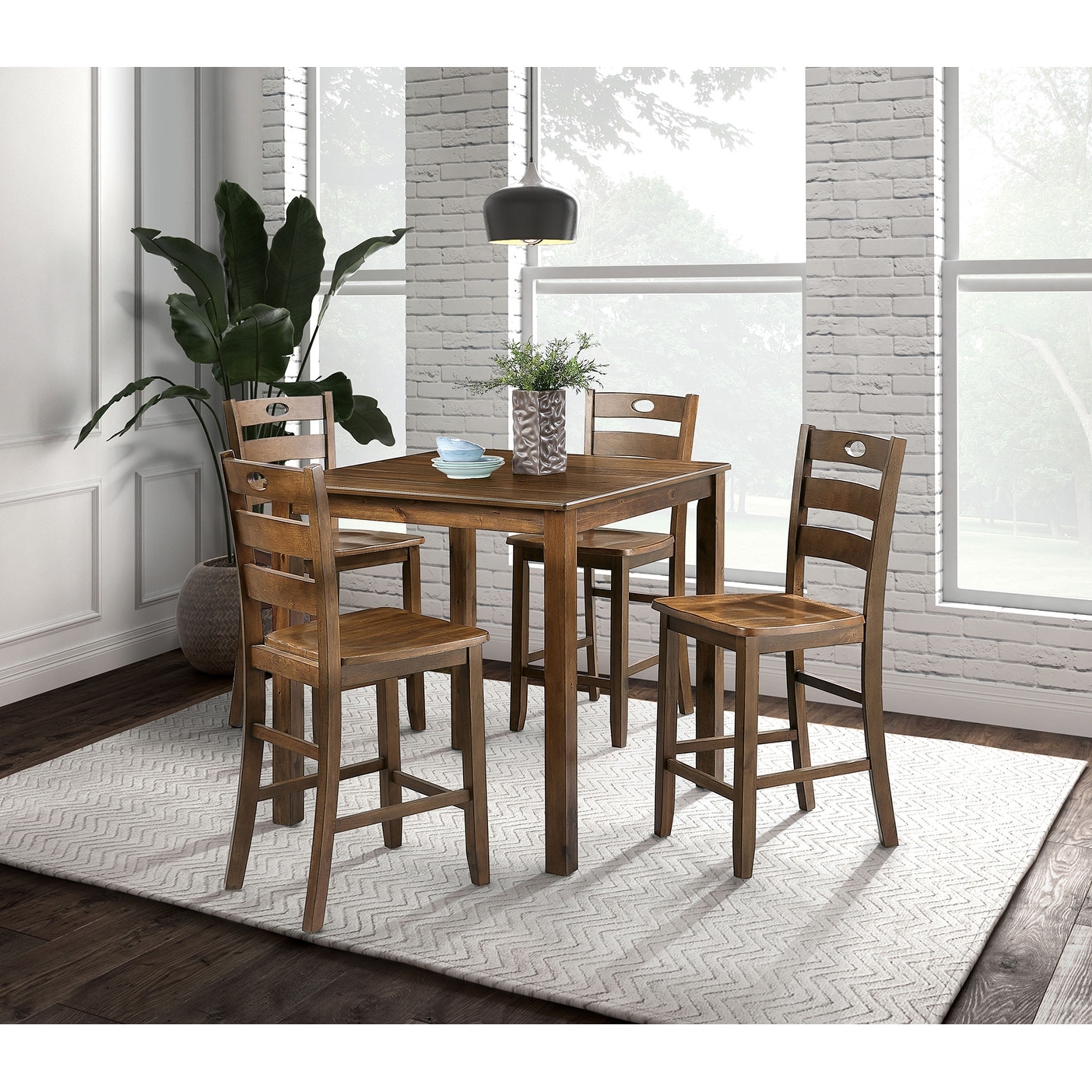 Gray Finish 5pc Dining Table Set 1x Counter HT. Table 4x Slat Back Chairs Transitional Style Dining Room