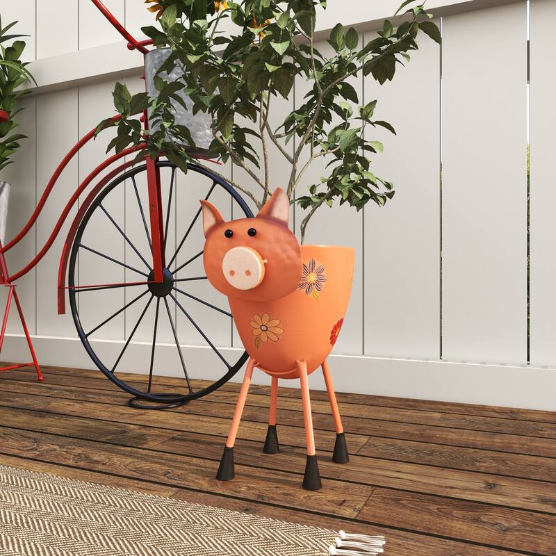 Pink Metal Pig Indoor Outdoor Planter with Floral Accents