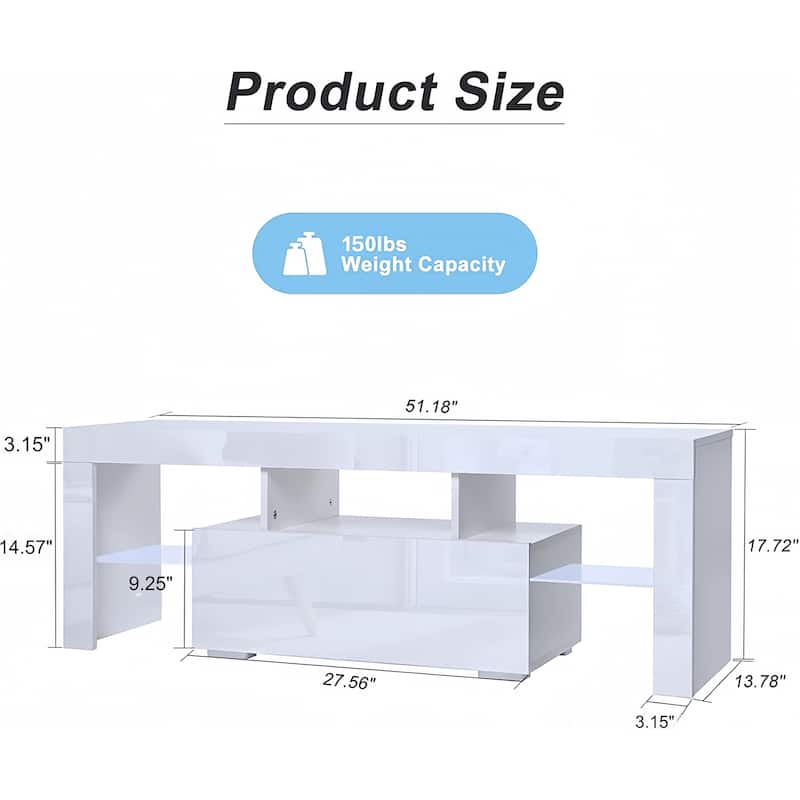 White 51.18" TV Stand with Down Filp Door, Glass Shelf and High Glossy Finish for TVs Up to 55"