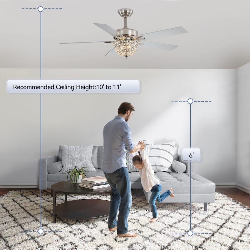 52" Modern 2-Light Chandelier Crystal Ceiling Fan with Remote(5-Blade)
