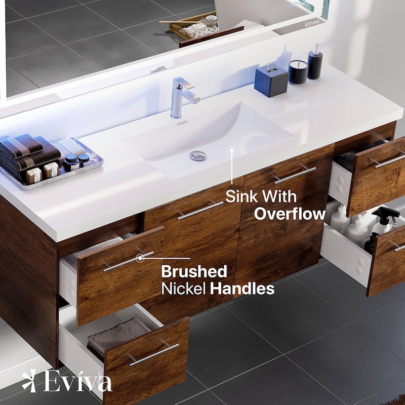 Eviva Axel 60"W Rosewood SS Bath Vanity with Integrated Acrylic Top