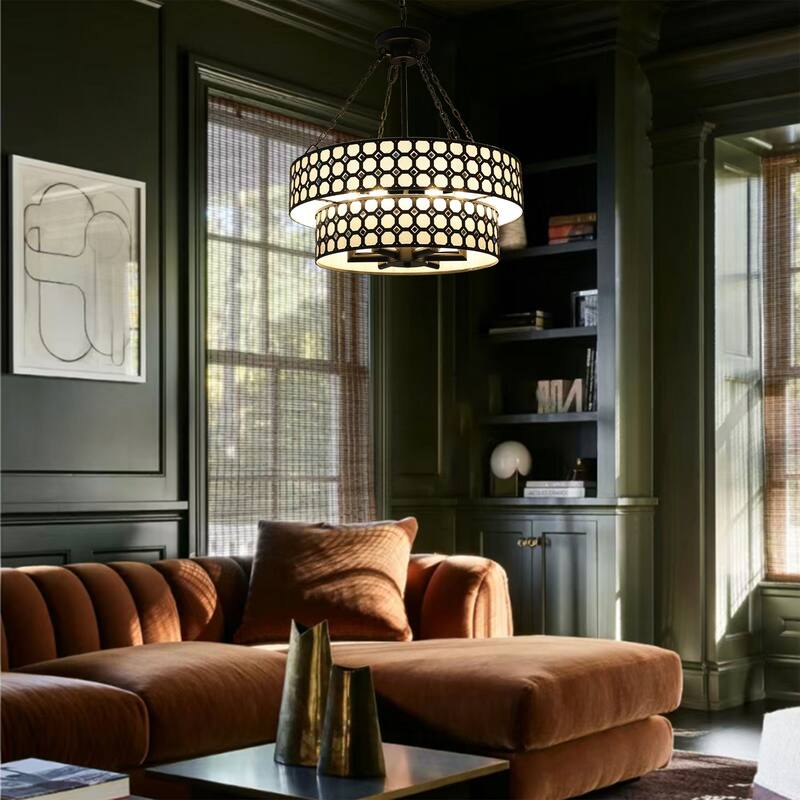 20" Modern Matte Black Two-Tier Drum-Shaped Light Fixture, 6 Lights with Adjustable Hanging Chain for Dining Room and Bed Room
